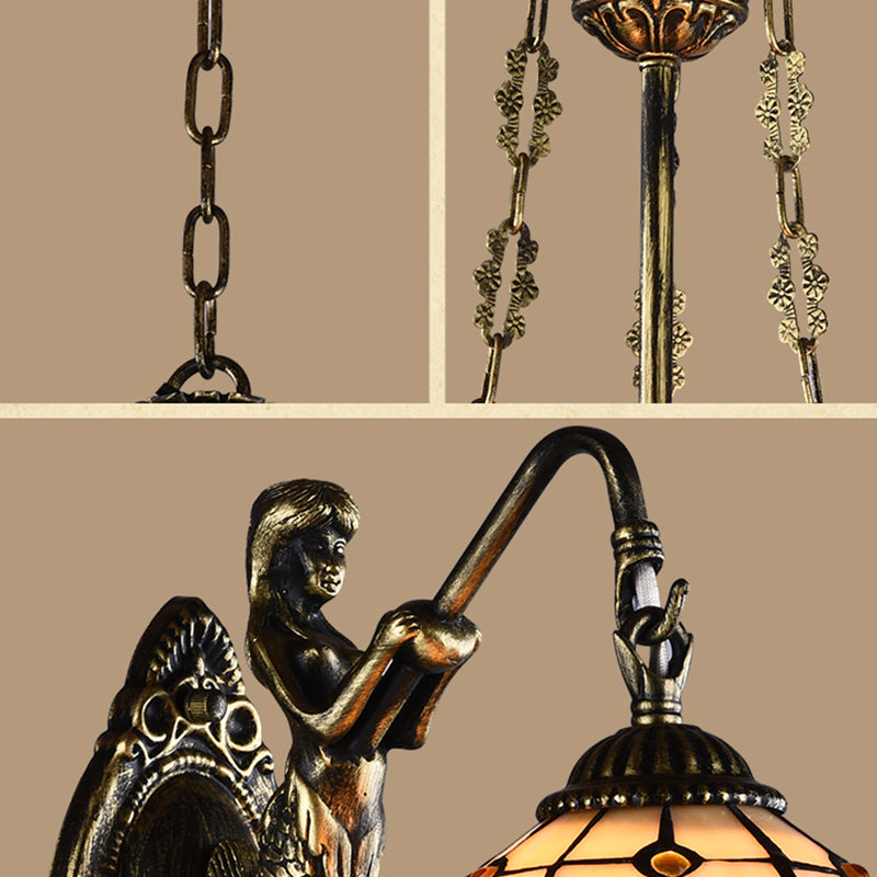 Retro Mediterranean Style Tiffany Hanging Lamp Baroque Stained Glass Shade Chandelier in Aged Aluminum Treatment Clearhalo 'Ceiling Lights' 'Chandeliers' 'Close To Ceiling Lights' 'Industrial' 'Middle Century Chandeliers' 'Tiffany Chandeliers' 'Tiffany close to ceiling' 'Tiffany' Lighting' 2600249