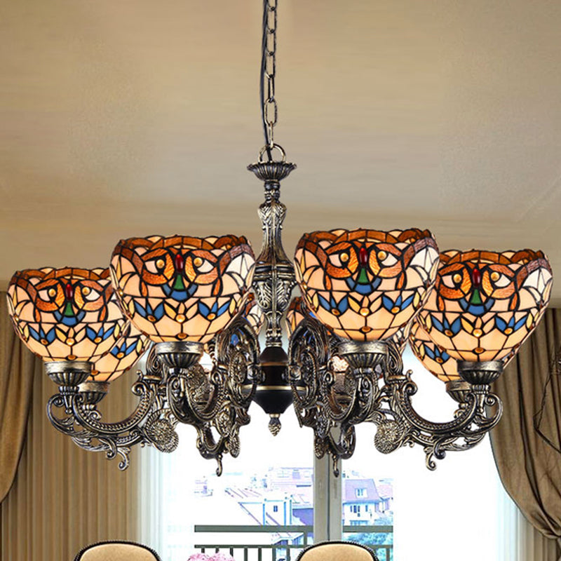 Retro Mediterranean Style Tiffany Hanging Lamp Baroque Stained Glass Shade Chandelier in Aged Aluminum Treatment 8 Brown Up Clearhalo 'Ceiling Lights' 'Chandeliers' 'Close To Ceiling Lights' 'Industrial' 'Middle Century Chandeliers' 'Tiffany Chandeliers' 'Tiffany close to ceiling' 'Tiffany' Lighting' 2600250