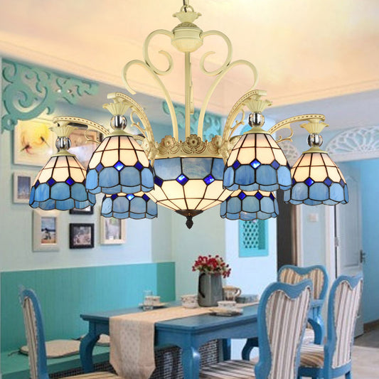 Lattice Motif Tiffany Chandelier with Stained Glass Shade Living Room Restaurant Hanging Pendant Lamp with Crystal Ball Embellishment 9 Blue Clearhalo 'Ceiling Lights' 'Chandeliers' 'Close To Ceiling Lights' 'Industrial' 'Middle Century Chandeliers' 'Pendant Lights' 'Tiffany Chandeliers' 'Tiffany close to ceiling' 'Tiffany' Lighting' 2600252