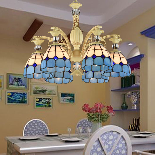 Lattice Motif Tiffany Chandelier with Stained Glass Shade Living Room Restaurant Hanging Pendant Lamp with Crystal Ball Embellishment 6 Blue Clearhalo 'Ceiling Lights' 'Chandeliers' 'Close To Ceiling Lights' 'Industrial' 'Middle Century Chandeliers' 'Pendant Lights' 'Tiffany Chandeliers' 'Tiffany close to ceiling' 'Tiffany' Lighting' 2600260