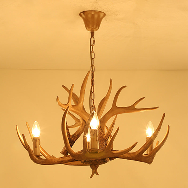 Vintage Country Chandelier Resin Deer Horn Candle Shaped Decorative Lighting Fixture for Living Room Villa Restaurant 4 Light Wood Clearhalo 'Ceiling Lights' 'Chandeliers' Lighting' 2600271