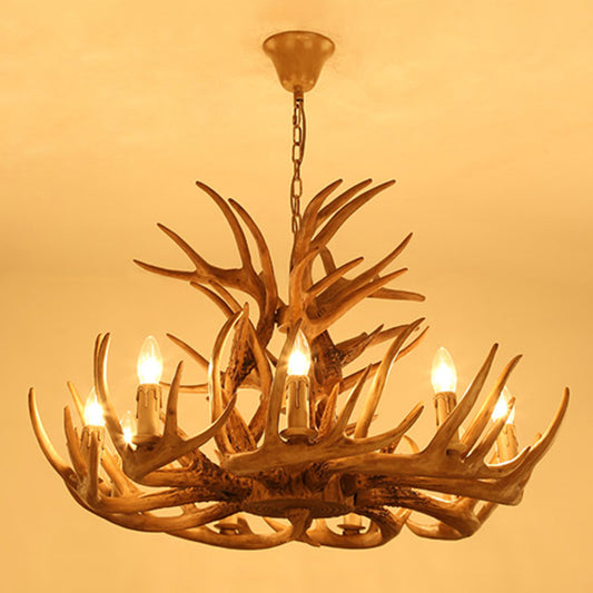Vintage Country Chandelier Resin Deer Horn Candle Shaped Decorative Lighting Fixture for Living Room Villa Restaurant 12 Light Wood Clearhalo 'Ceiling Lights' 'Chandeliers' Lighting' 2600273