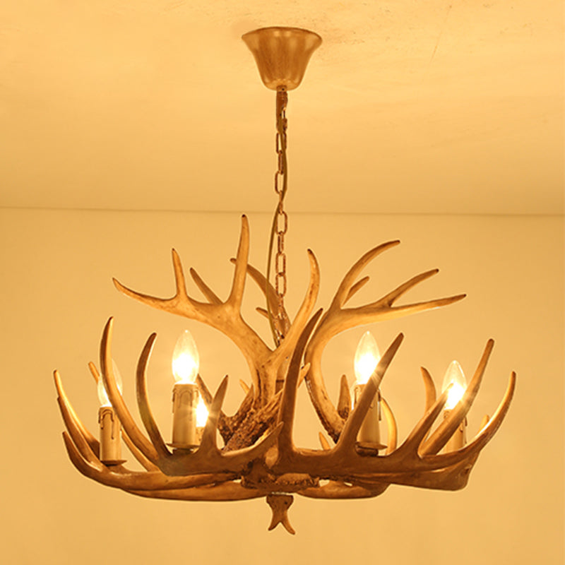 Vintage Country Chandelier Resin Deer Horn Candle Shaped Decorative Lighting Fixture for Living Room Villa Restaurant 6 Light Wood Clearhalo 'Ceiling Lights' 'Chandeliers' Lighting' 2600275