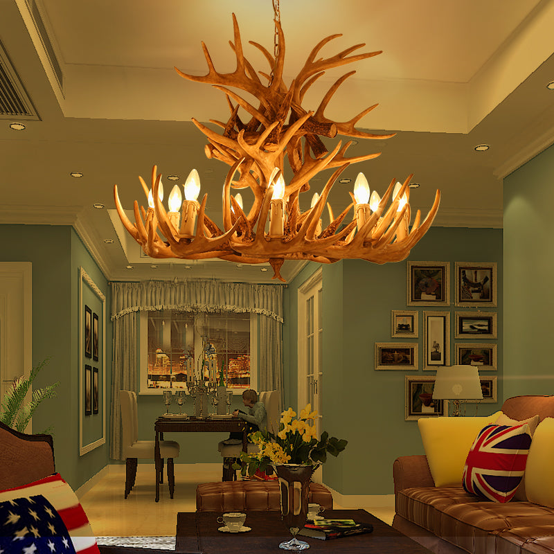 Vintage Country Chandelier Resin Deer Horn Candle Shaped Decorative Lighting Fixture for Living Room Villa Restaurant Clearhalo 'Ceiling Lights' 'Chandeliers' Lighting' 2600276