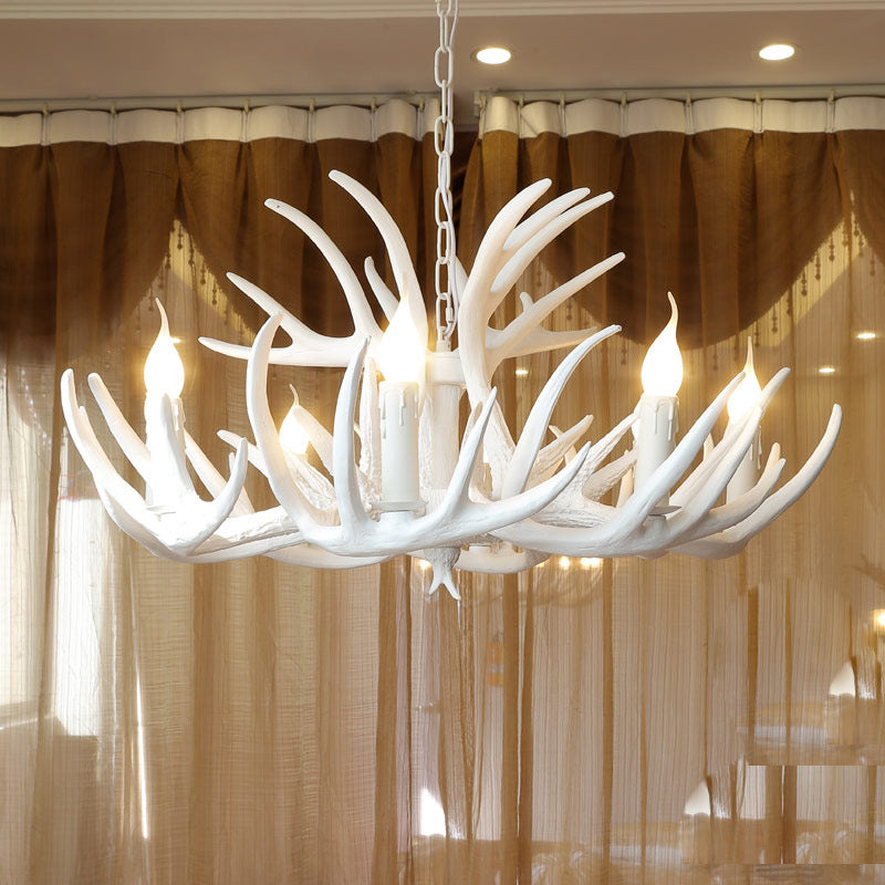 White Retro Resin Deer Horn Chandelier Rustic Style Bedroom Drop Lamp Lighting Fixture in White Clearhalo 'Ceiling Lights' 'Chandeliers' Lighting' 2600287