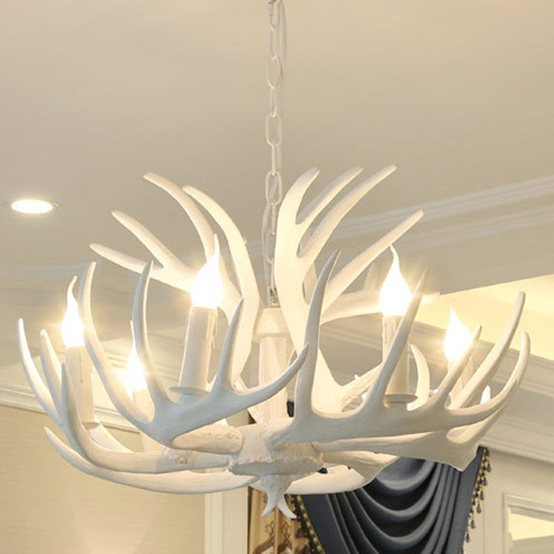 White Retro Resin Deer Horn Chandelier Rustic Style Bedroom Drop Lamp Lighting Fixture in White Clearhalo 'Ceiling Lights' 'Chandeliers' Lighting' 2600296