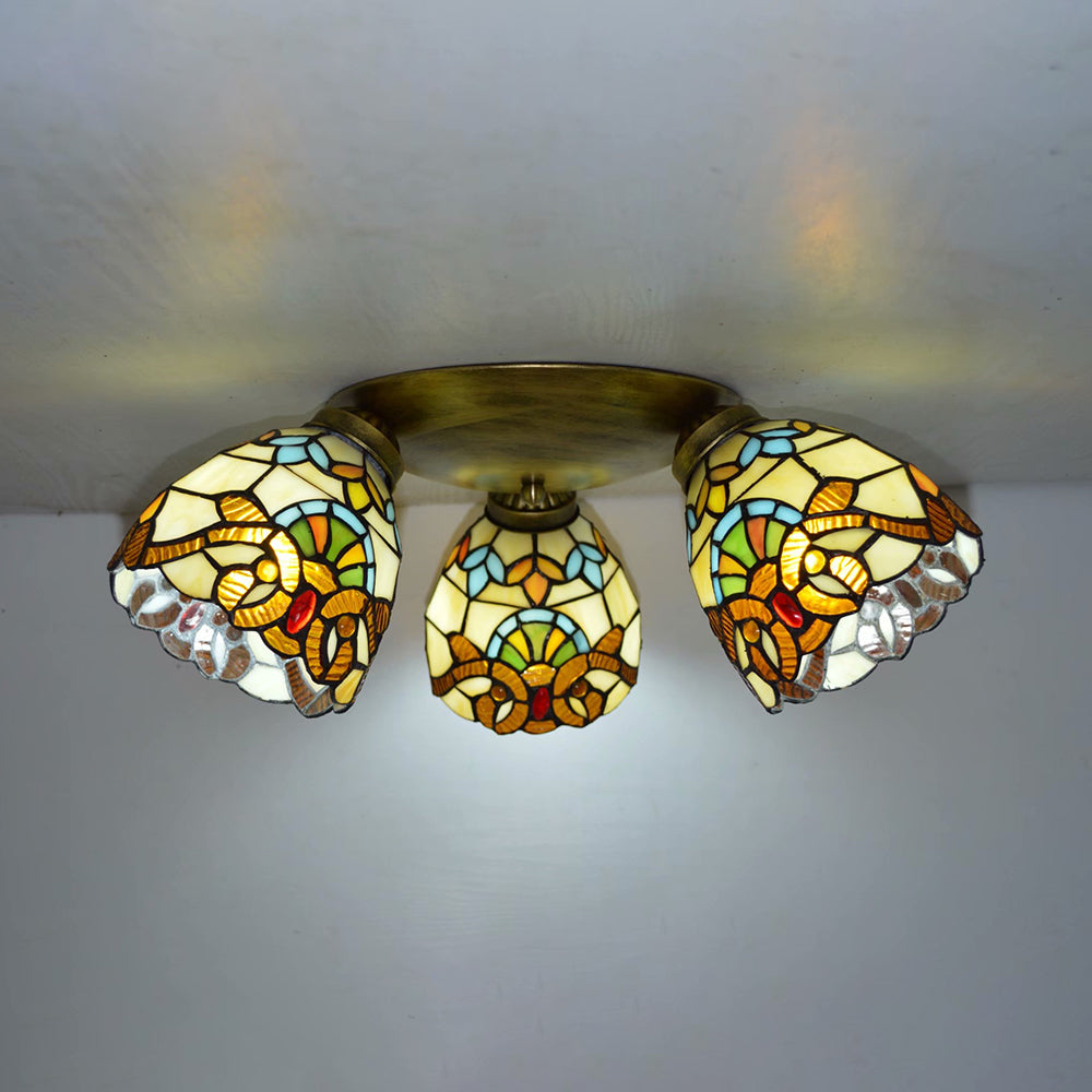 Dome Shade Ceiling Fixture with Victorian/ Mediterranean/Baroque Pattern Vintage Stained Glass 3 Lights Flush Mount Ceiling Fixture Brass Victorian Clearhalo 'Ceiling Lights' 'Close To Ceiling Lights' 'Close to ceiling' 'Glass shade' 'Glass' 'Semi-flushmount' Lighting' 26003