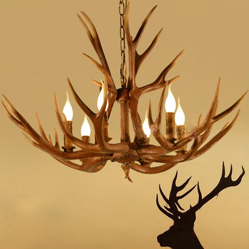 6-Light Original Wood Color Resin Deer Horn Chandelier Retro Rustic Style Candlestick Shape Hanging Pendant Lamp with Adjustable Chain Dark Wood Clearhalo 'Ceiling Lights' 'Chandeliers' Lighting' 2600308