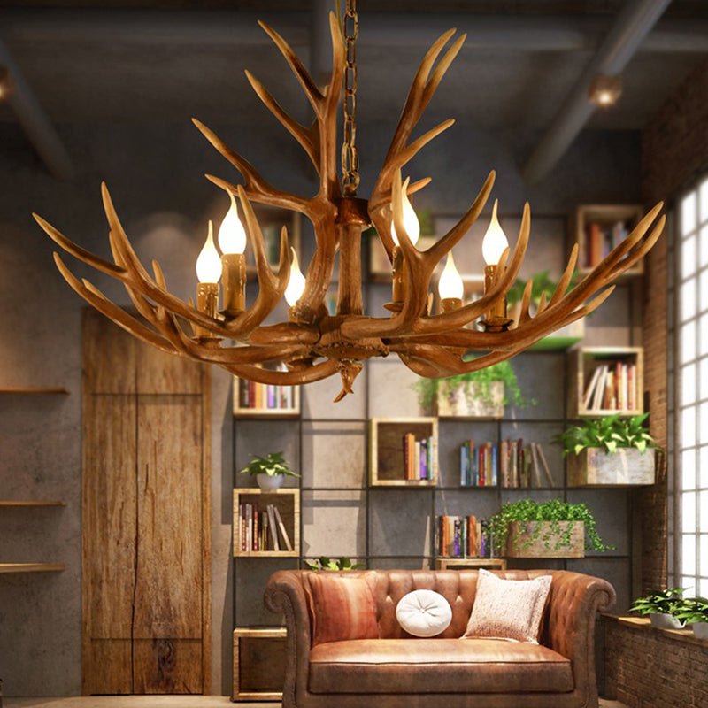 6-Light Original Wood Color Resin Deer Horn Chandelier Retro Rustic Style Candlestick Shape Hanging Pendant Lamp with Adjustable Chain Clearhalo 'Ceiling Lights' 'Chandeliers' Lighting' 2600311