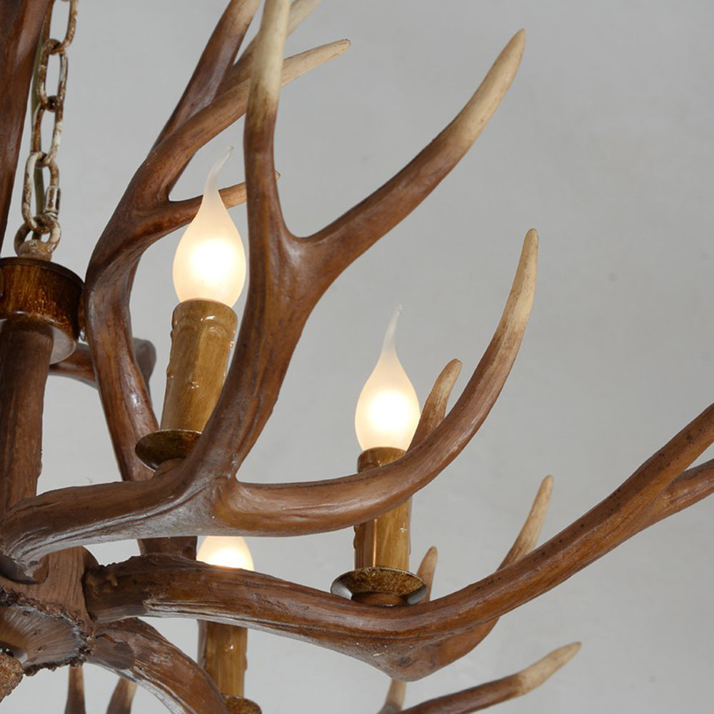 6-Light Original Wood Color Resin Deer Horn Chandelier Retro Rustic Style Candlestick Shape Hanging Pendant Lamp with Adjustable Chain Clearhalo 'Ceiling Lights' 'Chandeliers' Lighting' 2600313