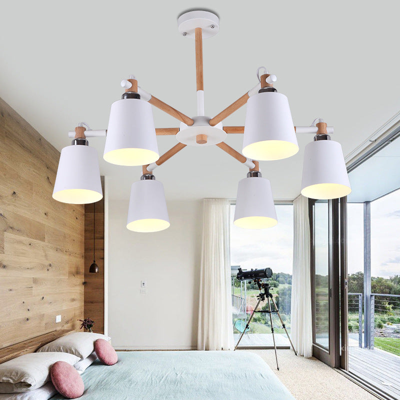 Modern Minimalist Rubber Wood Chandelier Matte Metal Lampshade Pendant Light for Living Room 6 White Clearhalo 'Ceiling Lights' 'Chandeliers' 'Modern Chandeliers' 'Modern' Lighting' 2600319