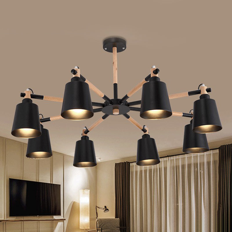 Modern Minimalist Rubber Wood Chandelier Matte Metal Lampshade Pendant Light for Living Room 8 Black Clearhalo 'Ceiling Lights' 'Chandeliers' 'Modern Chandeliers' 'Modern' Lighting' 2600321
