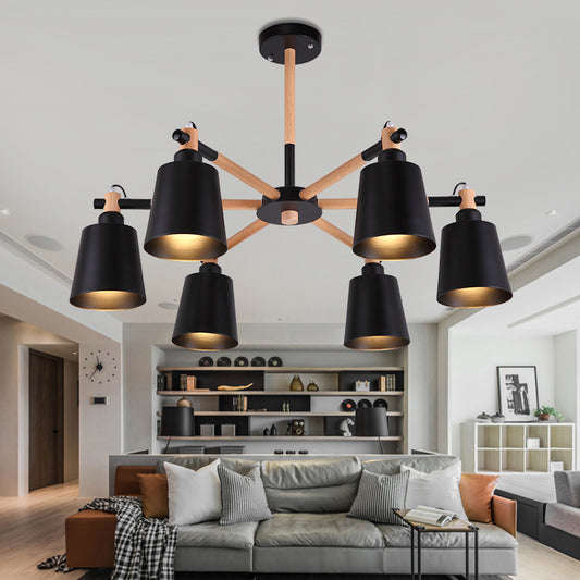Modern Minimalist Rubber Wood Chandelier Matte Metal Lampshade Pendant Light for Living Room 6 Black Clearhalo 'Ceiling Lights' 'Chandeliers' 'Modern Chandeliers' 'Modern' Lighting' 2600323