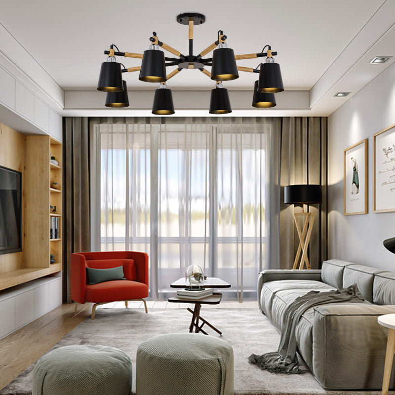 Multi-colored Optional Solid Wood Chandelier Simplicity Modern Living Room Lighting Fixture Lamp with Downward Metal Shade Clearhalo 'Ceiling Lights' 'Chandeliers' 'Modern Chandeliers' 'Modern' Lighting' 2600326