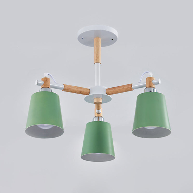 Multi-colored Optional Solid Wood Chandelier Simplicity Modern Living Room Lighting Fixture Lamp with Downward Metal Shade 3 Green Clearhalo 'Ceiling Lights' 'Chandeliers' 'Modern Chandeliers' 'Modern' Lighting' 2600327