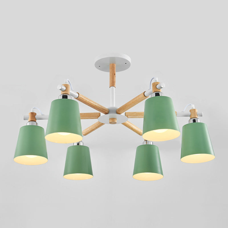 Multi-colored Optional Solid Wood Chandelier Simplicity Modern Living Room Lighting Fixture Lamp with Downward Metal Shade 6 Green Clearhalo 'Ceiling Lights' 'Chandeliers' 'Modern Chandeliers' 'Modern' Lighting' 2600329