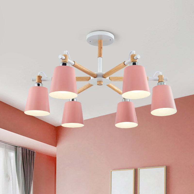 Multi-colored Optional Solid Wood Chandelier Simplicity Modern Living Room Lighting Fixture Lamp with Downward Metal Shade Clearhalo 'Ceiling Lights' 'Chandeliers' 'Modern Chandeliers' 'Modern' Lighting' 2600330