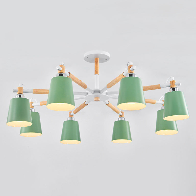 Multi-colored Optional Solid Wood Chandelier Simplicity Modern Living Room Lighting Fixture Lamp with Downward Metal Shade 8 Green Clearhalo 'Ceiling Lights' 'Chandeliers' 'Modern Chandeliers' 'Modern' Lighting' 2600331