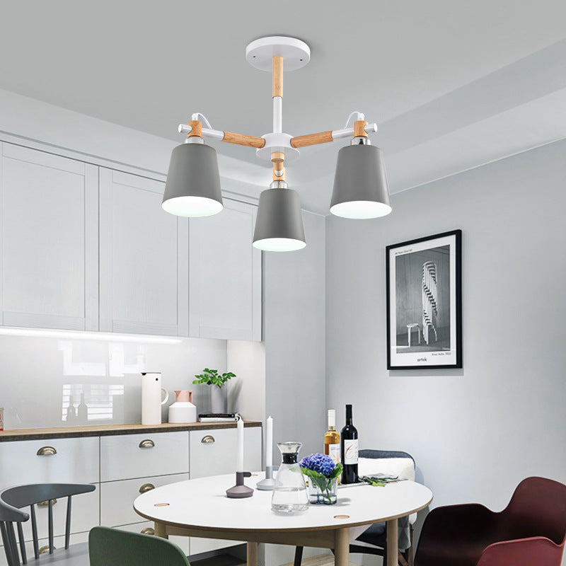 Multi-colored Optional Solid Wood Chandelier Simplicity Modern Living Room Lighting Fixture Lamp with Downward Metal Shade Clearhalo 'Ceiling Lights' 'Chandeliers' 'Modern Chandeliers' 'Modern' Lighting' 2600332