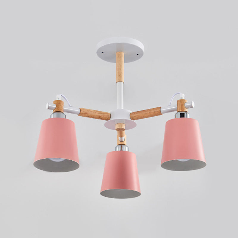 Multi-colored Optional Solid Wood Chandelier Simplicity Modern Living Room Lighting Fixture Lamp with Downward Metal Shade 3 Pink Clearhalo 'Ceiling Lights' 'Chandeliers' 'Modern Chandeliers' 'Modern' Lighting' 2600333