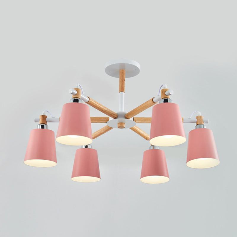 Multi-colored Optional Solid Wood Chandelier Simplicity Modern Living Room Lighting Fixture Lamp with Downward Metal Shade 6 Pink Clearhalo 'Ceiling Lights' 'Chandeliers' 'Modern Chandeliers' 'Modern' Lighting' 2600334