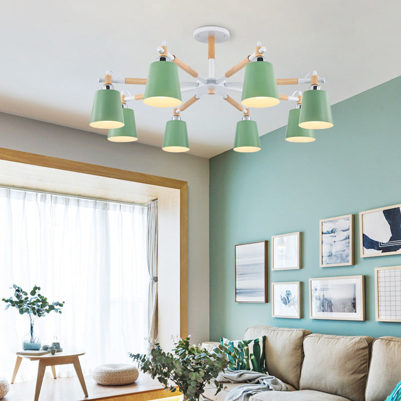 Multi-colored Optional Solid Wood Chandelier Simplicity Modern Living Room Lighting Fixture Lamp with Downward Metal Shade Clearhalo 'Ceiling Lights' 'Chandeliers' 'Modern Chandeliers' 'Modern' Lighting' 2600335