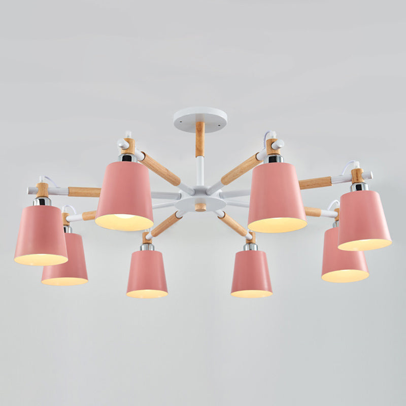 Multi-colored Optional Solid Wood Chandelier Simplicity Modern Living Room Lighting Fixture Lamp with Downward Metal Shade 8 Pink Clearhalo 'Ceiling Lights' 'Chandeliers' 'Modern Chandeliers' 'Modern' Lighting' 2600336