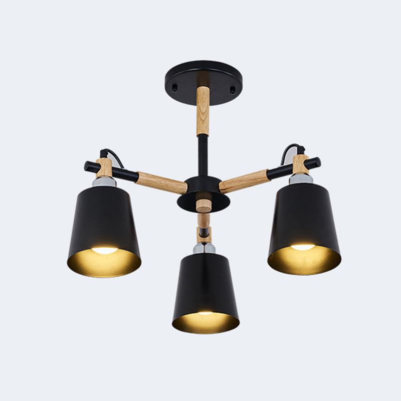 Multi-colored Optional Solid Wood Chandelier Simplicity Modern Living Room Lighting Fixture Lamp with Downward Metal Shade 3 Black Clearhalo 'Ceiling Lights' 'Chandeliers' 'Modern Chandeliers' 'Modern' Lighting' 2600339