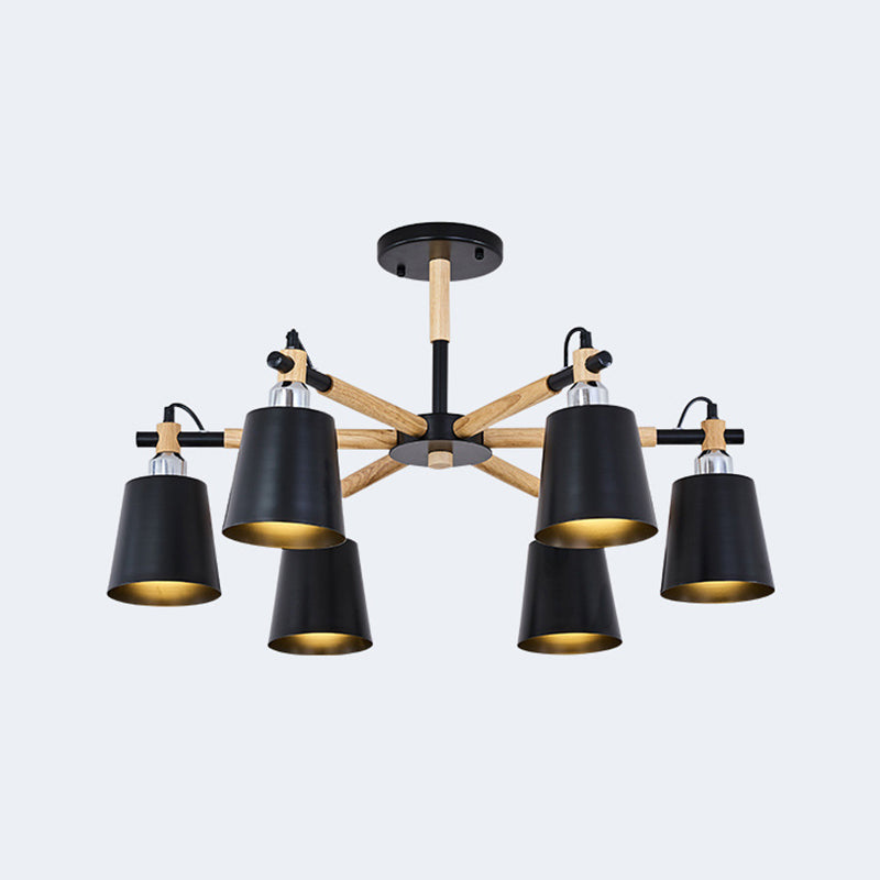 Multi-colored Optional Solid Wood Chandelier Simplicity Modern Living Room Lighting Fixture Lamp with Downward Metal Shade 6 Black Clearhalo 'Ceiling Lights' 'Chandeliers' 'Modern Chandeliers' 'Modern' Lighting' 2600341