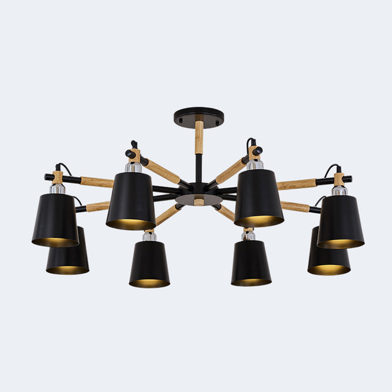 Multi-colored Optional Solid Wood Chandelier Simplicity Modern Living Room Lighting Fixture Lamp with Downward Metal Shade 8 Black Clearhalo 'Ceiling Lights' 'Chandeliers' 'Modern Chandeliers' 'Modern' Lighting' 2600343