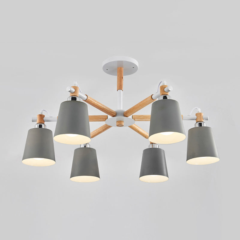 Multi-colored Optional Solid Wood Chandelier Simplicity Modern Living Room Lighting Fixture Lamp with Downward Metal Shade 6 Grey Clearhalo 'Ceiling Lights' 'Chandeliers' 'Modern Chandeliers' 'Modern' Lighting' 2600347