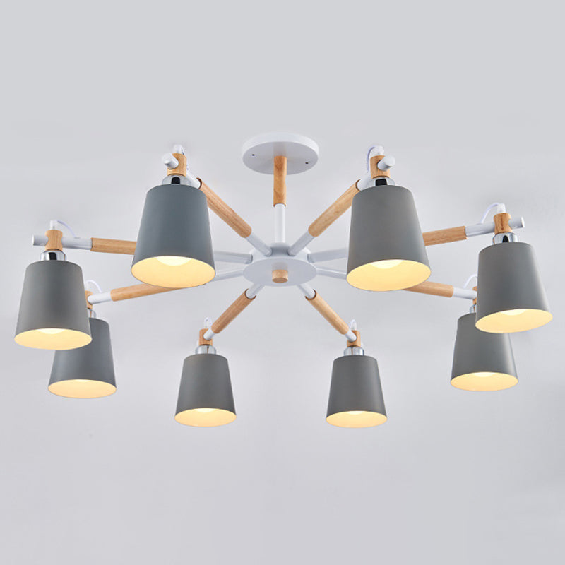 Multi-colored Optional Solid Wood Chandelier Simplicity Modern Living Room Lighting Fixture Lamp with Downward Metal Shade 8 Grey Clearhalo 'Ceiling Lights' 'Chandeliers' 'Modern Chandeliers' 'Modern' Lighting' 2600348