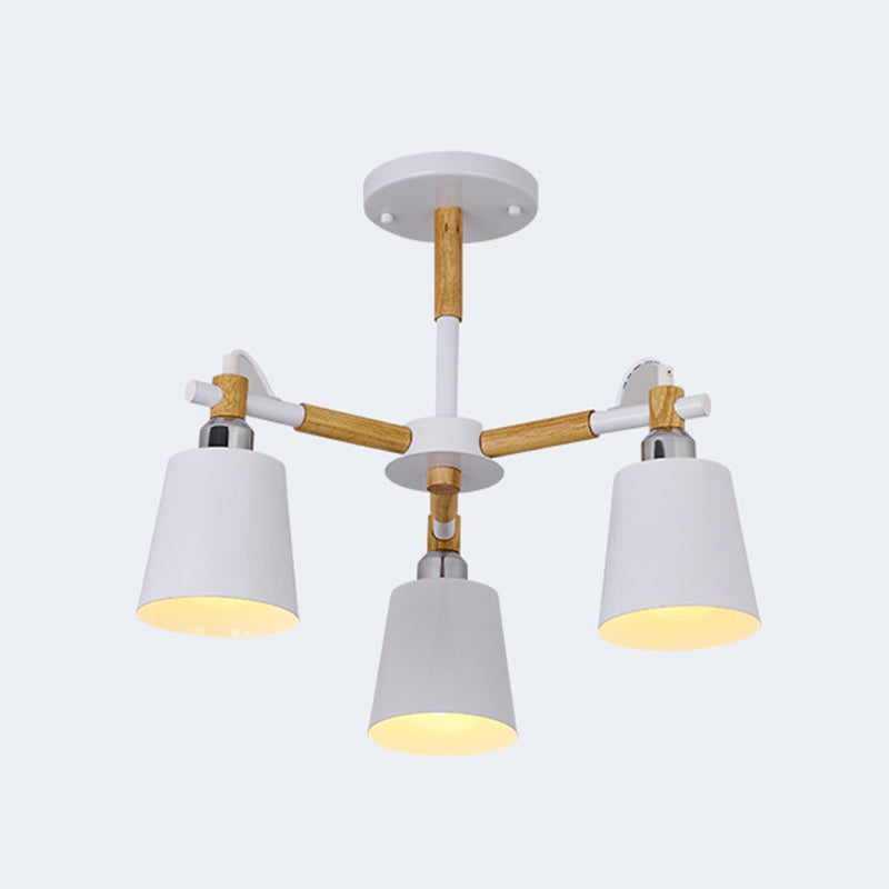 Multi-colored Optional Solid Wood Chandelier Simplicity Modern Living Room Lighting Fixture Lamp with Downward Metal Shade 3 White Clearhalo 'Ceiling Lights' 'Chandeliers' 'Modern Chandeliers' 'Modern' Lighting' 2600350