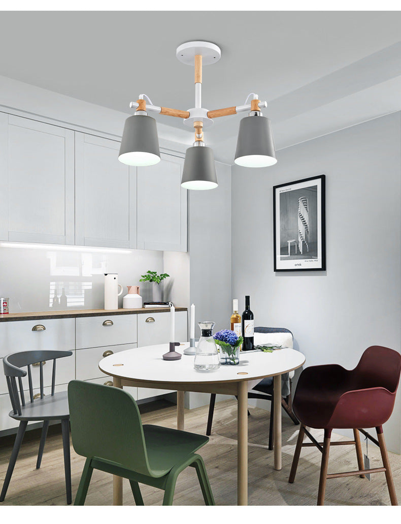 Multi-colored Optional Solid Wood Chandelier Simplicity Modern Living Room Lighting Fixture Lamp with Downward Metal Shade Clearhalo 'Ceiling Lights' 'Chandeliers' 'Modern Chandeliers' 'Modern' Lighting' 2600351