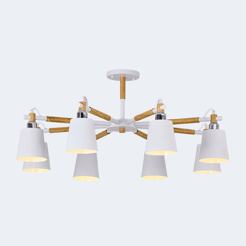 Multi-colored Optional Solid Wood Chandelier Simplicity Modern Living Room Lighting Fixture Lamp with Downward Metal Shade 8 White Clearhalo 'Ceiling Lights' 'Chandeliers' 'Modern Chandeliers' 'Modern' Lighting' 2600353