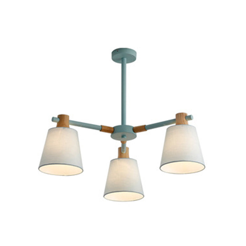 Cone Fabric Lampshade Chandelier Light Wooden Modern Simplicity Hanging Light for Dining Room Bedroom 3 Green Clearhalo 'Ceiling Lights' 'Chandeliers' Lighting' 2600357