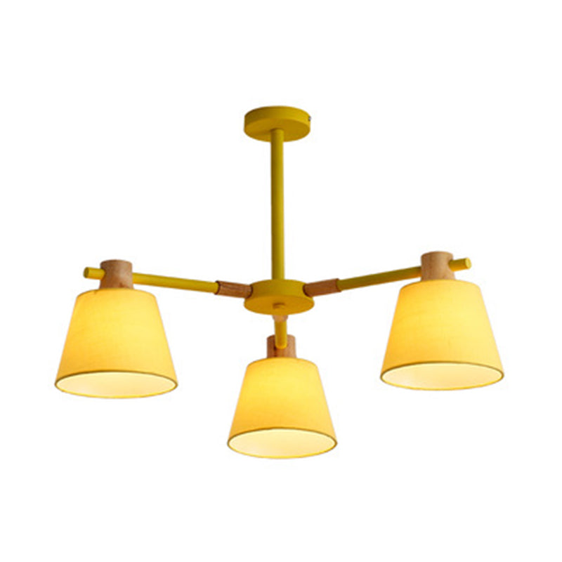 Cone Fabric Lampshade Chandelier Light Wooden Modern Simplicity Hanging Light for Dining Room Bedroom 3 Yellow Clearhalo 'Ceiling Lights' 'Chandeliers' Lighting' 2600358