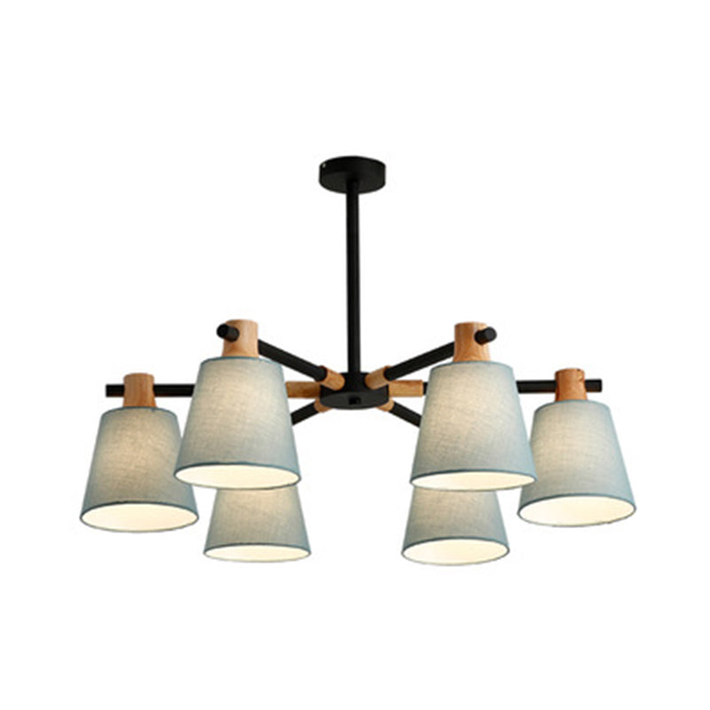 Cone Fabric Lampshade Chandelier Light Wooden Modern Simplicity Hanging Light for Dining Room Bedroom 6 Black Clearhalo 'Ceiling Lights' 'Chandeliers' Lighting' 2600363