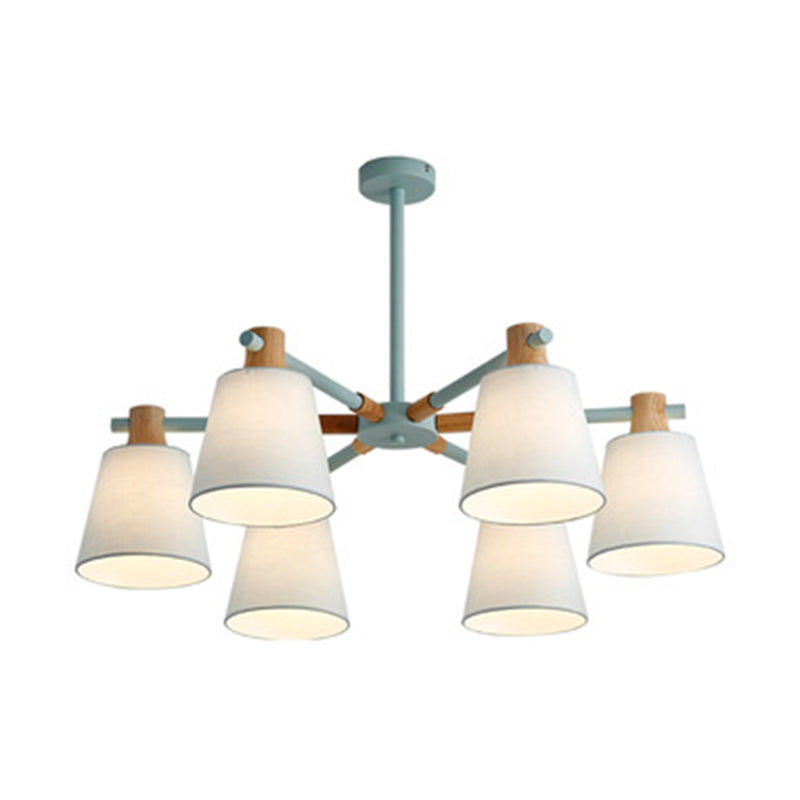 Cone Fabric Lampshade Chandelier Light Wooden Modern Simplicity Hanging Light for Dining Room Bedroom 6 Green Clearhalo 'Ceiling Lights' 'Chandeliers' Lighting' 2600364