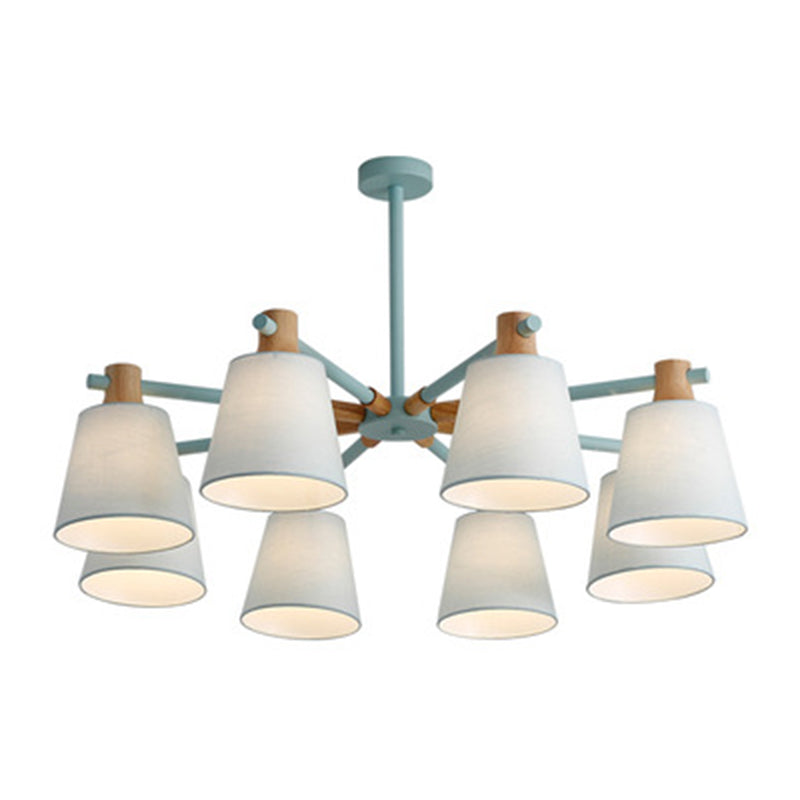 Cone Fabric Lampshade Chandelier Light Wooden Modern Simplicity Hanging Light for Dining Room Bedroom 8 Green Clearhalo 'Ceiling Lights' 'Chandeliers' Lighting' 2600370