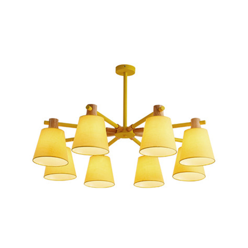 Cone Fabric Lampshade Chandelier Light Wooden Modern Simplicity Hanging Light for Dining Room Bedroom 8 Yellow Clearhalo 'Ceiling Lights' 'Chandeliers' Lighting' 2600371