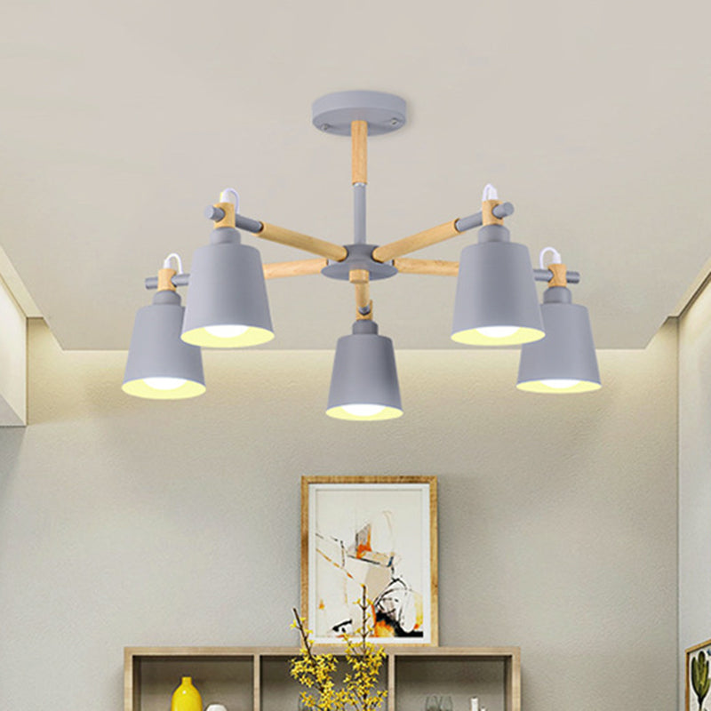 Dining Room Pendant Lamp Modern Wooden Minimalism Hanging Light with Downward Metal Cloche Shade 6 Grey Clearhalo 'Ceiling Lights' 'Chandeliers' 'Modern Chandeliers' 'Modern' Lighting' 2600381