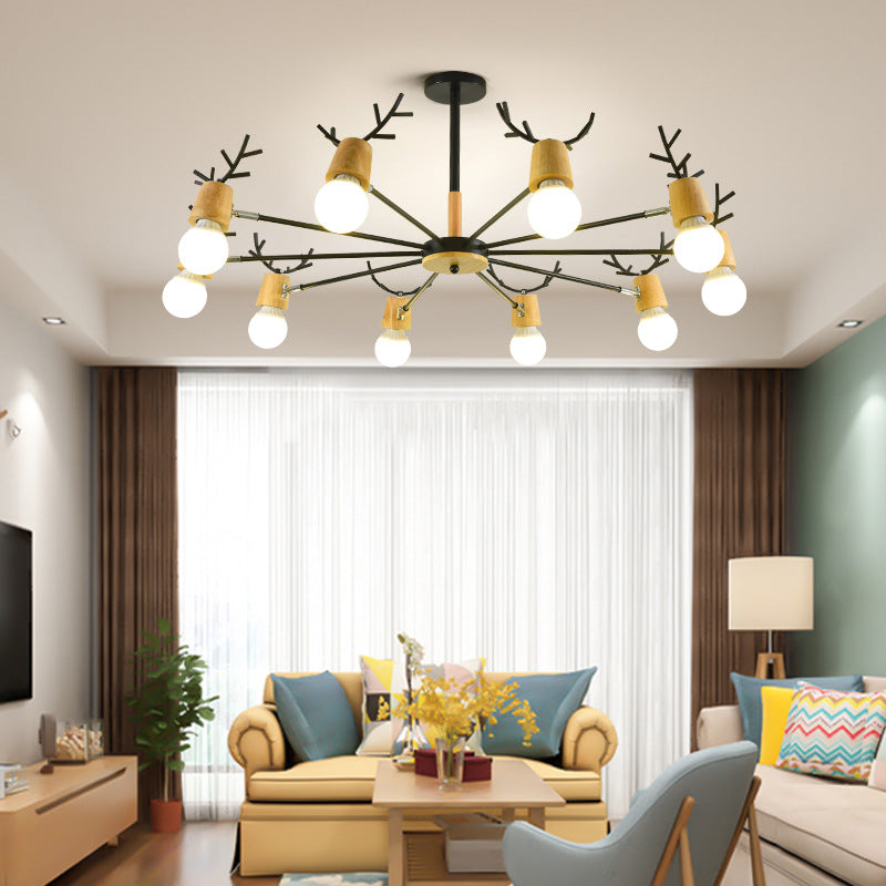 Modern Wooden Simplicity Chandelier Exposed Bulb Design Creative Bedroom Hanging Pendant Lights with Antlers Decoration Clearhalo 'Ceiling Lights' 'Chandeliers' Lighting' 2600387