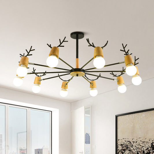 Modern Wooden Simplicity Chandelier Exposed Bulb Design Creative Bedroom Hanging Pendant Lights with Antlers Decoration 10 Black Clearhalo 'Ceiling Lights' 'Chandeliers' Lighting' 2600388