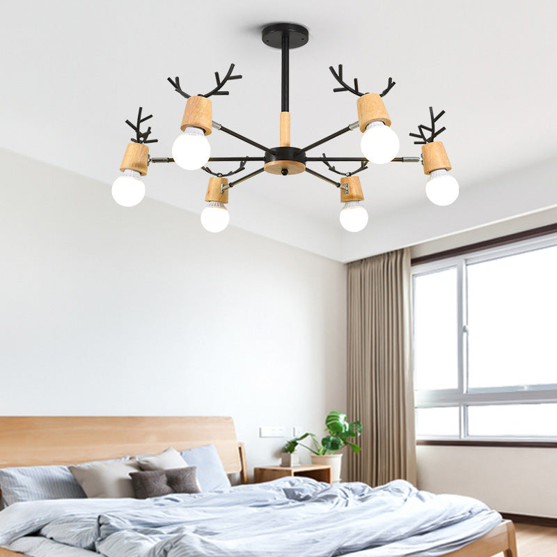 Modern Wooden Simplicity Chandelier Exposed Bulb Design Creative Bedroom Hanging Pendant Lights with Antlers Decoration 6 Black Clearhalo 'Ceiling Lights' 'Chandeliers' Lighting' 2600389