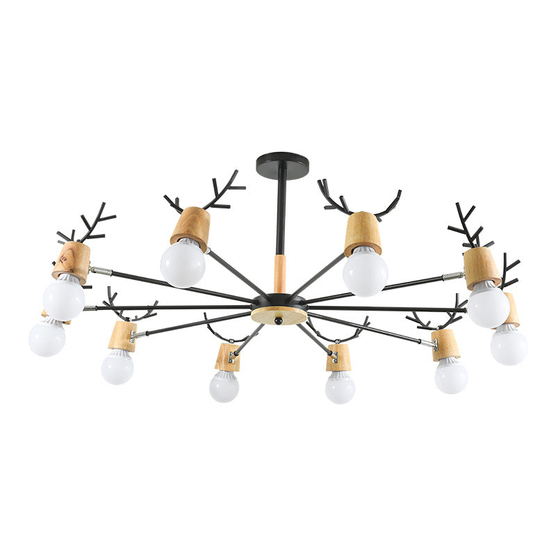 Modern Wooden Simplicity Chandelier Exposed Bulb Design Creative Bedroom Hanging Pendant Lights with Antlers Decoration Clearhalo 'Ceiling Lights' 'Chandeliers' Lighting' 2600390