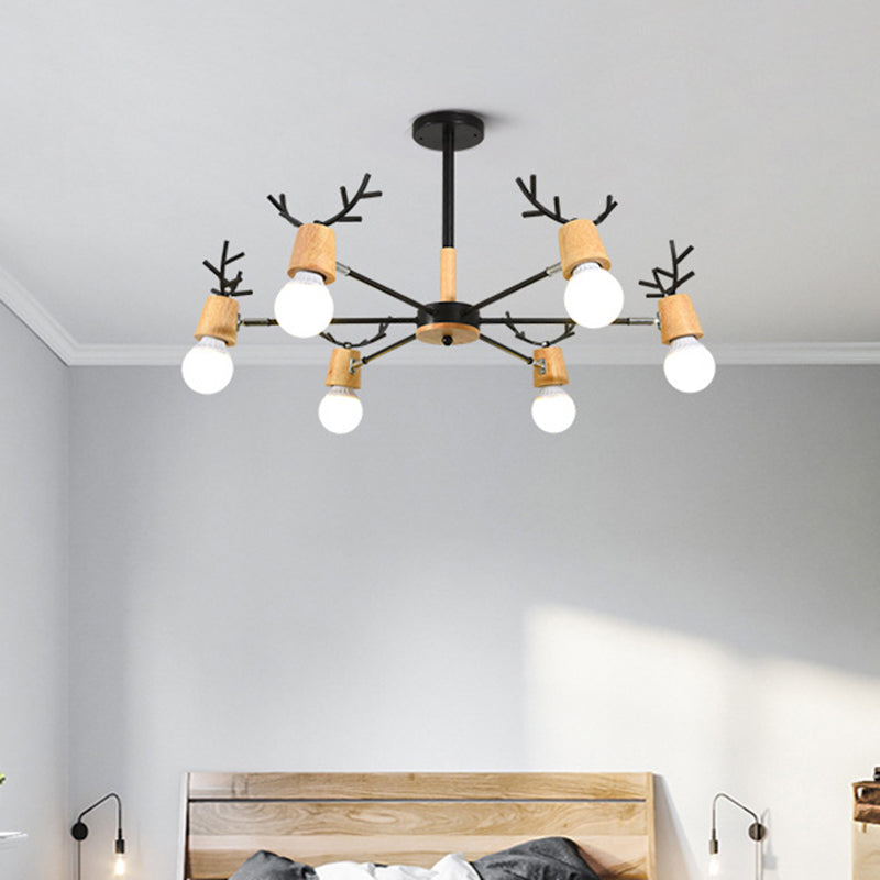 Modern Wooden Simplicity Chandelier Exposed Bulb Design Creative Bedroom Hanging Pendant Lights with Antlers Decoration Clearhalo 'Ceiling Lights' 'Chandeliers' Lighting' 2600391