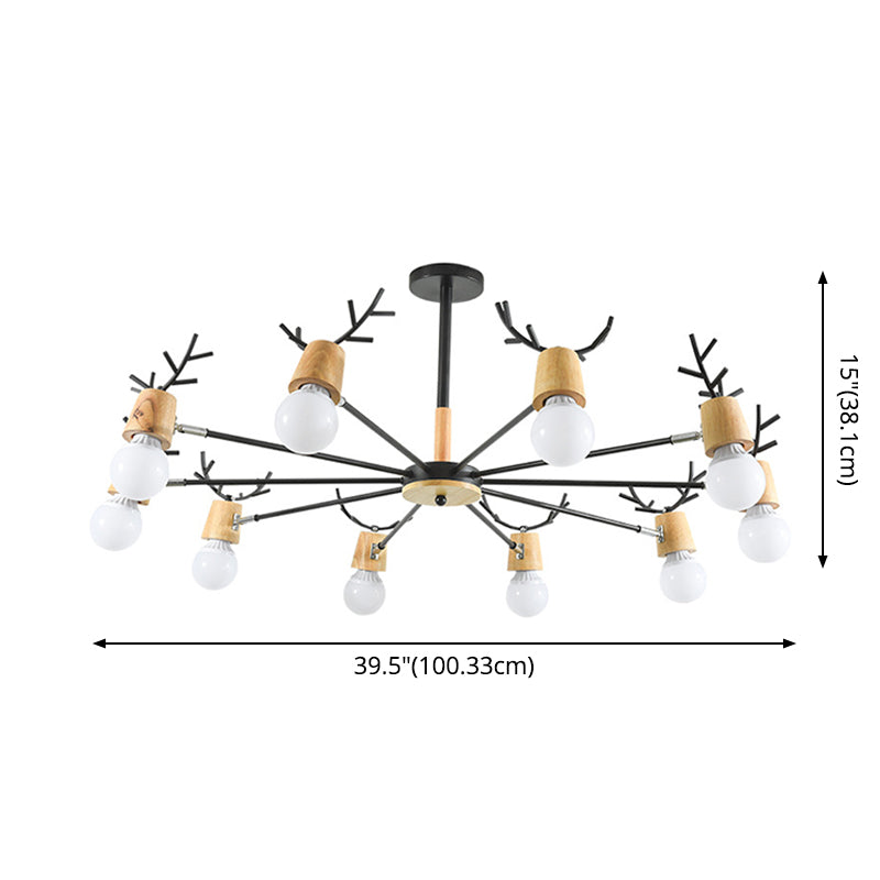 Modern Wooden Simplicity Chandelier Exposed Bulb Design Creative Bedroom Hanging Pendant Lights with Antlers Decoration Clearhalo 'Ceiling Lights' 'Chandeliers' Lighting' 2600393