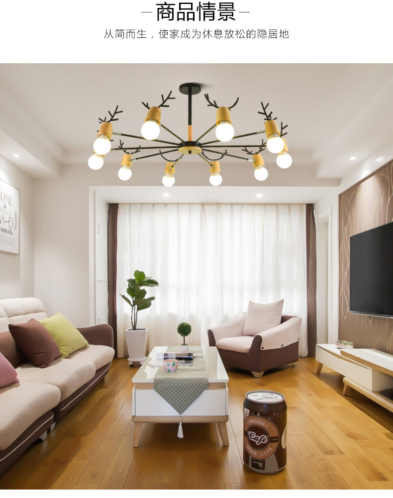 Modern Wooden Simplicity Chandelier Exposed Bulb Design Creative Bedroom Hanging Pendant Lights with Antlers Decoration Clearhalo 'Ceiling Lights' 'Chandeliers' Lighting' 2600394