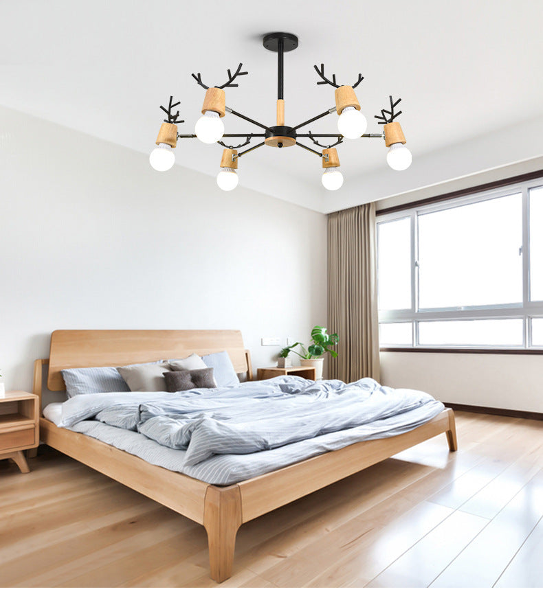 Modern Wooden Simplicity Chandelier Exposed Bulb Design Creative Bedroom Hanging Pendant Lights with Antlers Decoration Clearhalo 'Ceiling Lights' 'Chandeliers' Lighting' 2600395